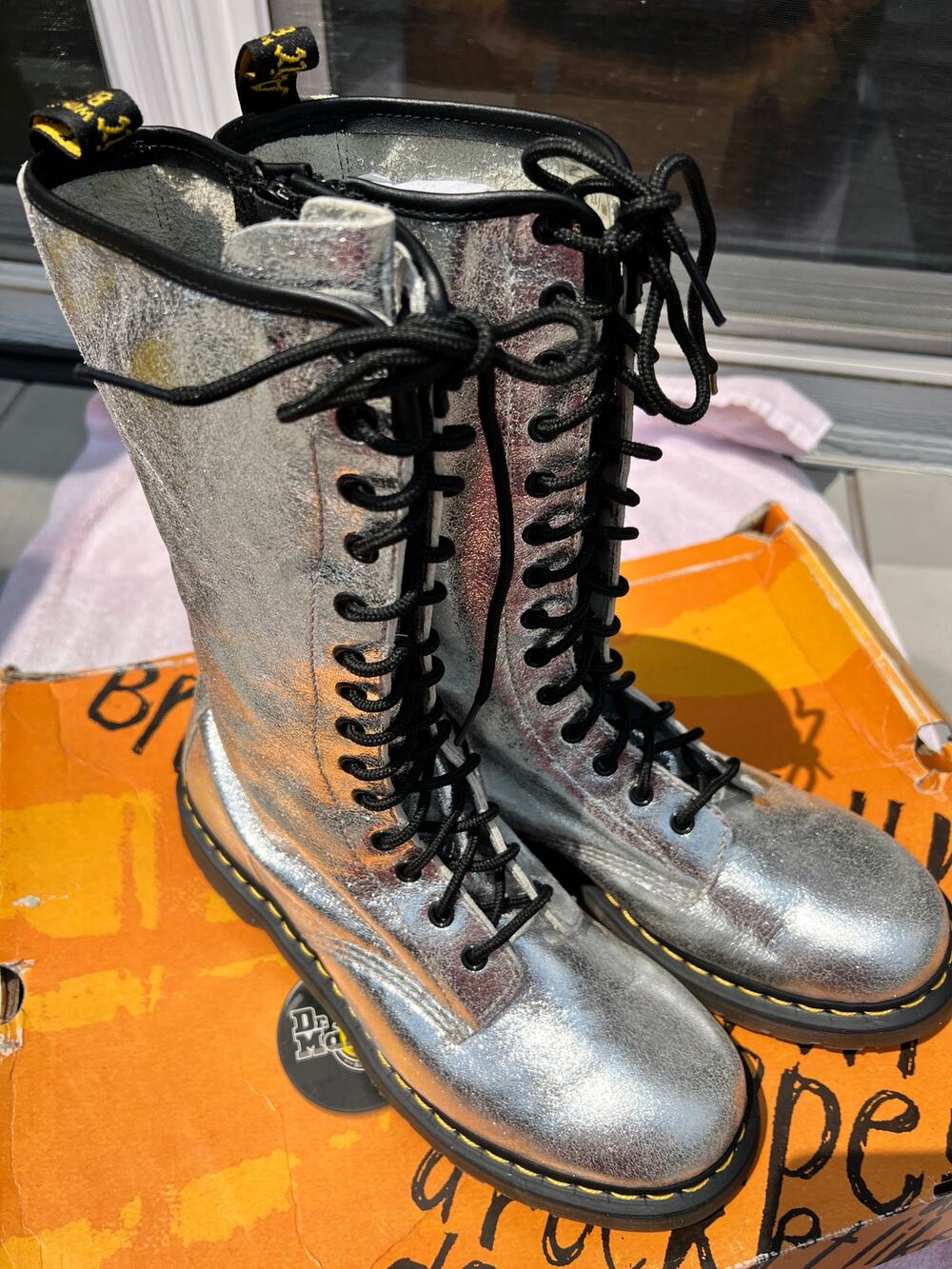 Rare Dr. Martens 1B99 Broken Promises Silver Leather 14 Eye Boots Women US 11